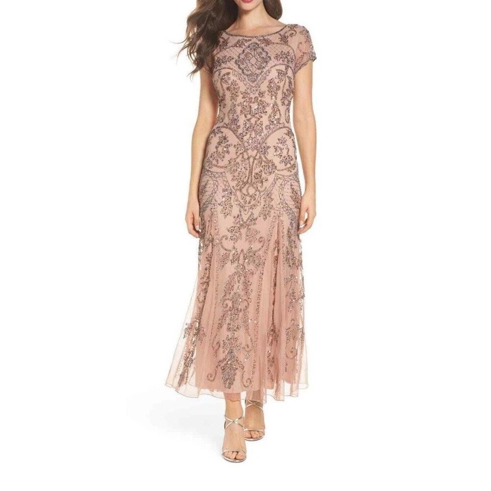 NWT Pisarro Nights Beaded Embellished Mesh Maxi Blush Gown Size 14 Wedding Prom
